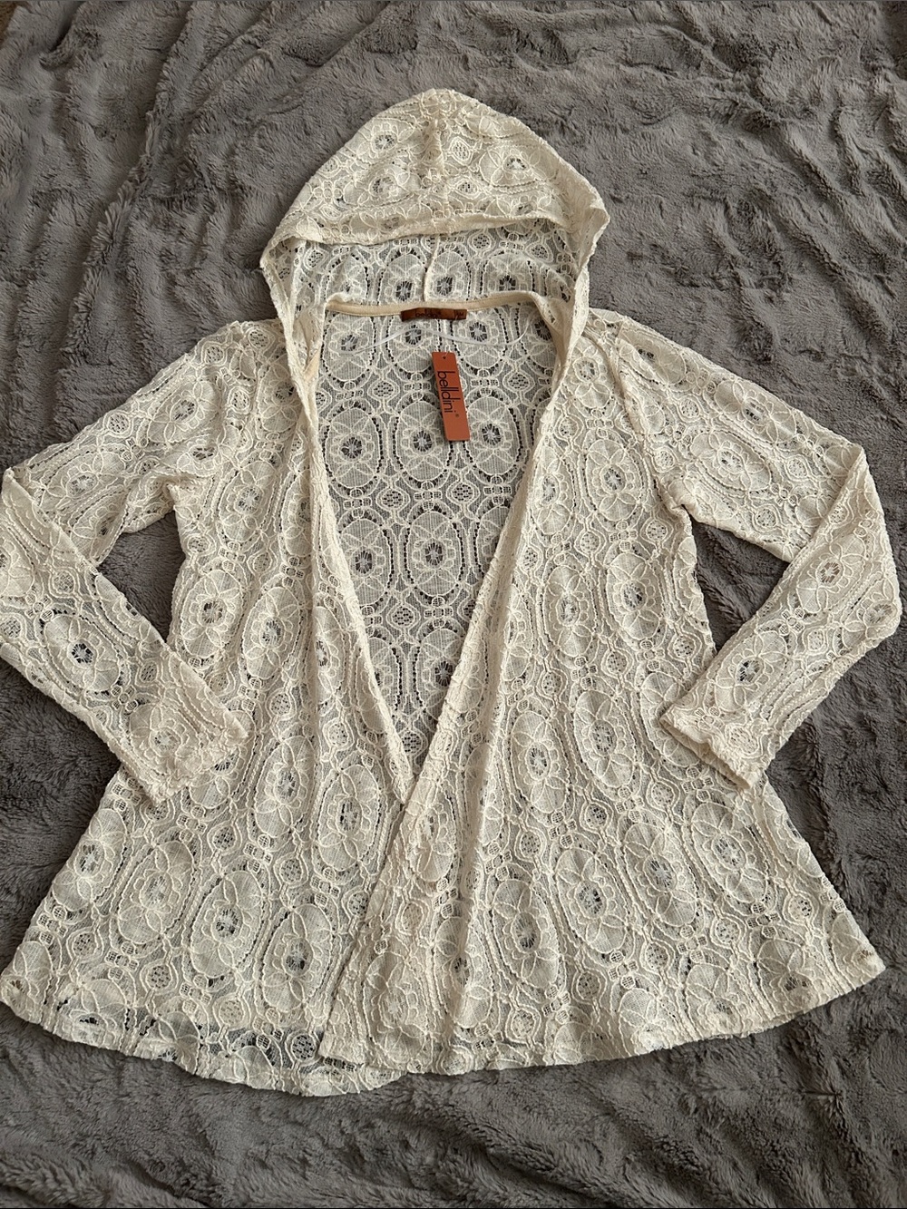 Bellini “nwt” Cream  Lace Hooded Duster Cardigan Sz: M